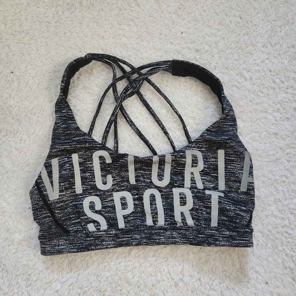 Victoria Sport Womens Strappy Back Sports Bra Space Dye Gray XS Reflective Logo